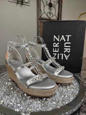 Naturalizer Silver Jeweled Espadrille Wedges with T-Strap NWT 9.5